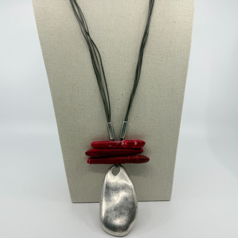 Y2K Chico's Statement Necklace Red Tube Beads Silver Tone Pendant Boho Chic Gift